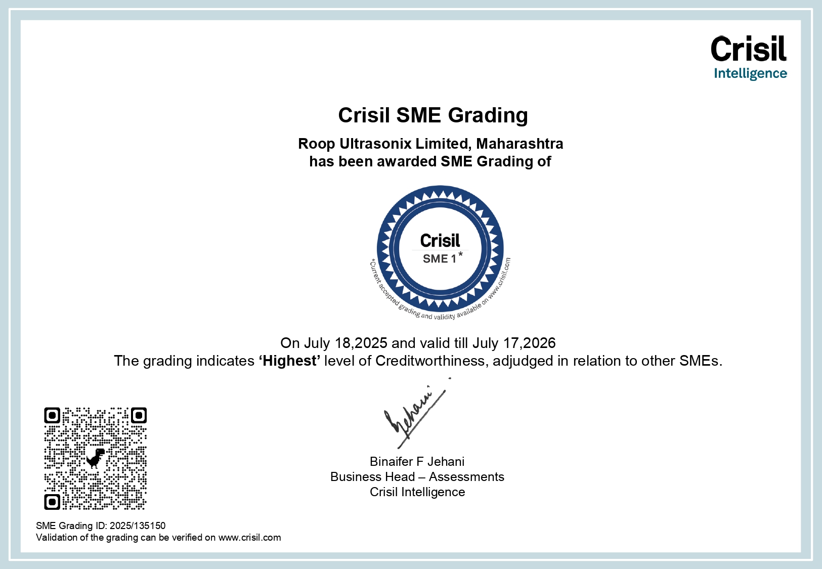 Crisil SME Grading Certificate Roop Ultrasonix Limited Maharashtra 25